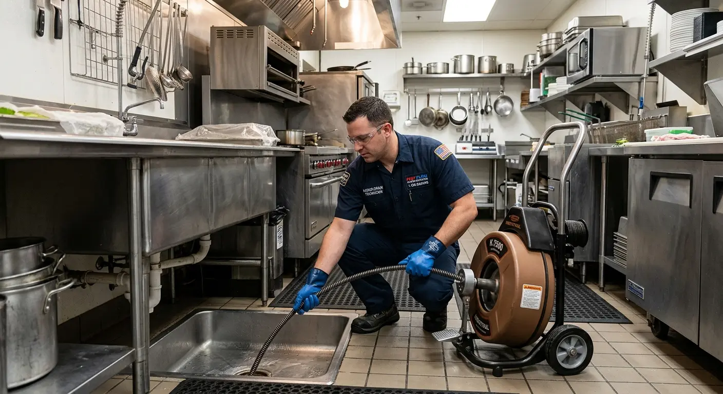 Commercial drain cleaning service in a restaurant kitchen in Brownsville