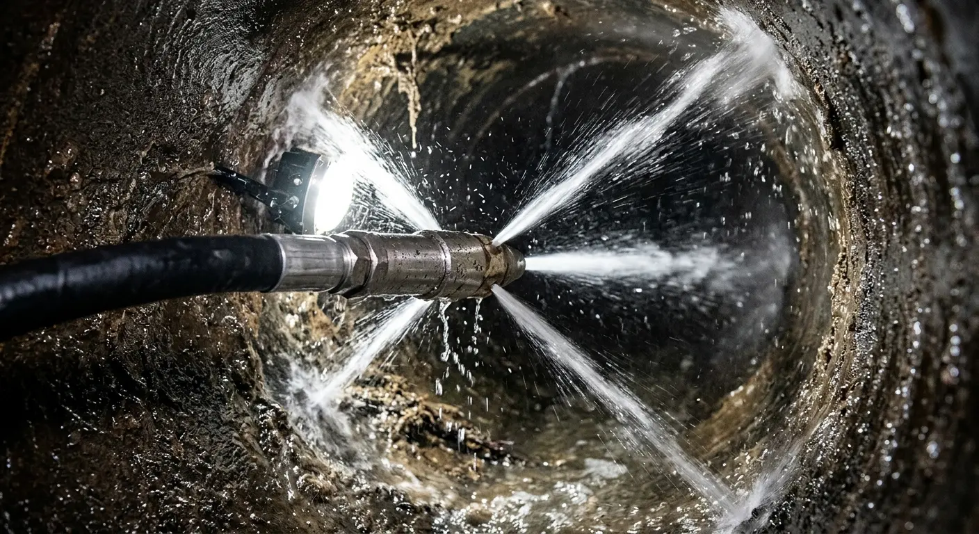 High-pressure hydro jetting nozzle cleaning sewer pipe for Sewer Cleanout in Brownsville