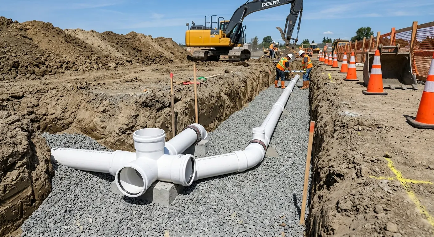 New PVC sewer pipe installation in open trench for Sewer Camera Inspection in Brownsville