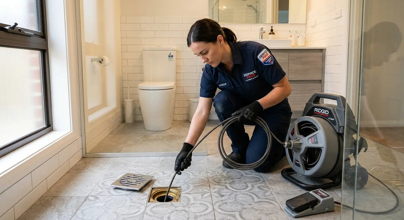 Technician clearing a bathroom floor drain for Sewer Line Replacement in Brownsville